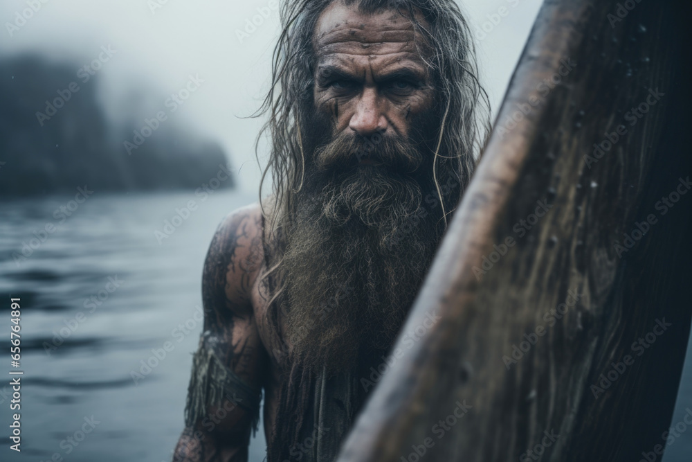 Against the backdrop of a vast ocean, a bearded figure with a strong jawline gazes into the distance, his weathered hands holding a intricately carved wooden canoe paddle.