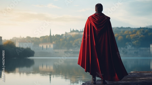 Standing on the banks of the Tiber River, a legionnaire gazes out into the horizon, his red cape fluttering in the wind, creating a striking contrast against the calm waters. photo