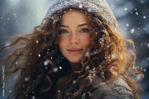 portrait of a happy young woman, snow, winter, vacations, christmas