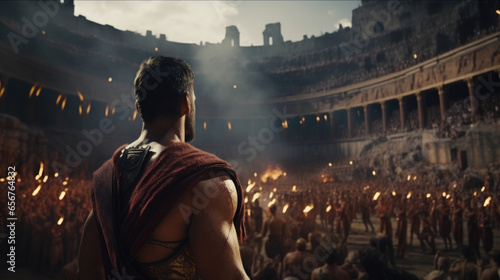 Amidst the ruins of an ancient Roman amphitheater, a legionnaire performs a ceremonial ritual, embodying the deeprooted cultural significance of the gladiatorial contests.