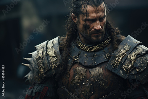 A battleworn legionnaire, shoulders adorned with intricate armor, against the backdrop of a conquered Celtic village, a symbol of Romes dominance.