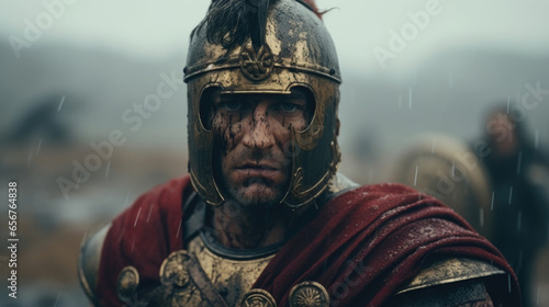 Amidst a foggy marshland, a Roman legionnaire appears as a formidable guardian, ready to defend Rome from any threat that may arise.