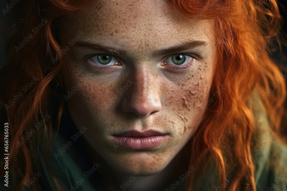 A young Viking with fiery red hair, halfshaven on one side, paired with striking green eyes that hold an untamed spirit. A young Viking with fiery red hair, halfshaven on one side, paired with striking green eyes that hold an untamed spirit.