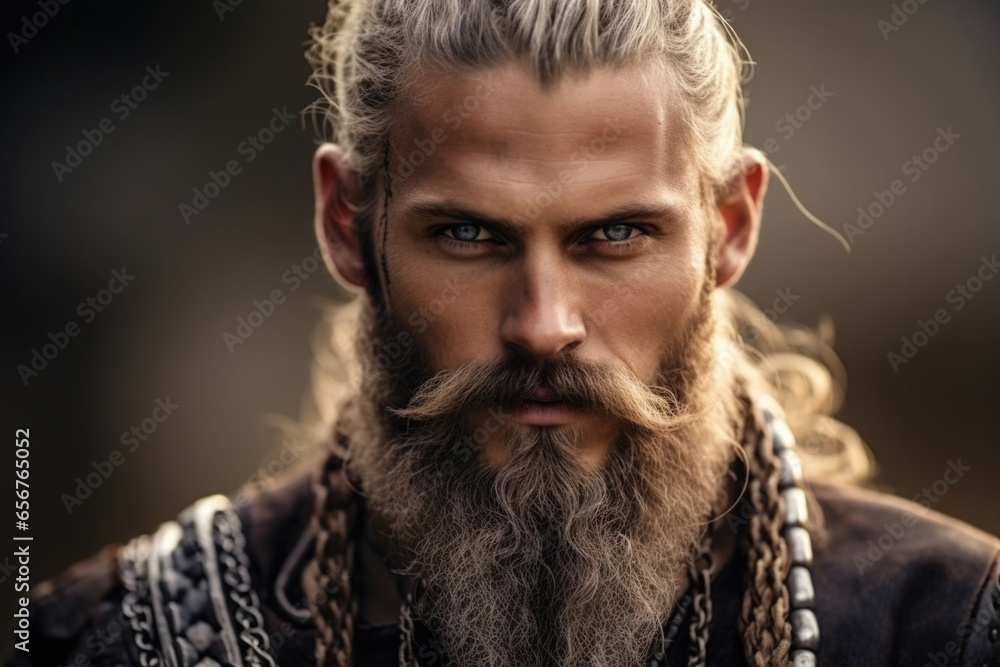 A slender Viking with a meticulously groomed beard, styled with intricate braids and small beads, accentuating his refined appearance. A slender Viking with a meticulously groomed beard, styled with intricate braids and small beads, accentuating his refined appearance.