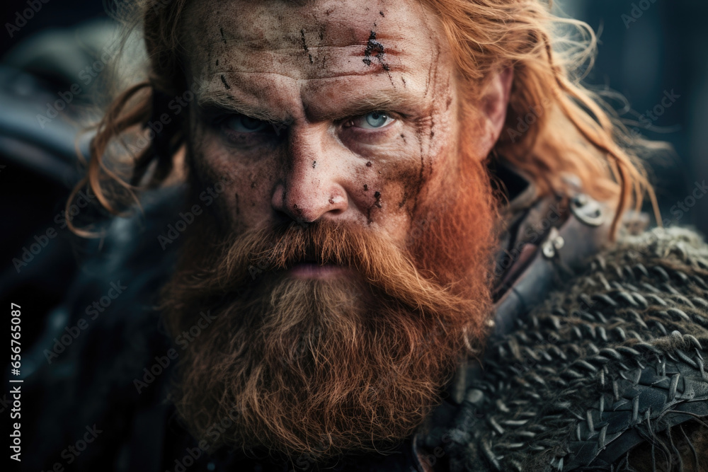 A seasoned warrior whose rugged features are accentuated by his untamed, fiery red beard and a determined gaze.