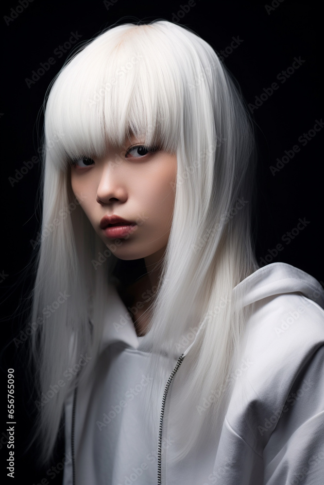 Beautiful close up portrait of a japanese model with white hairs, wearing white clothes, black background, realistic, photo shot, sunny, clean Beautiful close up portrait of a japanese model with white hairs, wearing white clothes, black background, realistic, photo shot, sunny, clean
