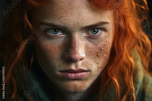 A young Viking with fiery red hair, halfshaven on one side, paired with striking green eyes that hold an untamed spirit.