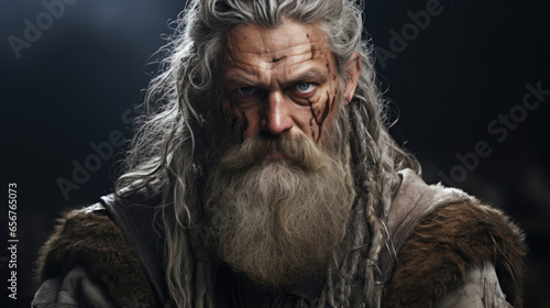 A middleaged Viking with a saltandpepper beard and intense hazel eyes that reflect both wisdom and ferocity.