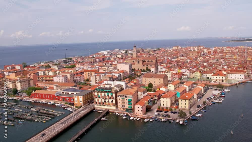 Aerial view of the harbor city of Chioggia Italy using the drone with the view of the residential district Aerial view of the harbor city of Chioggia Italy using the drone with the view of the residential district