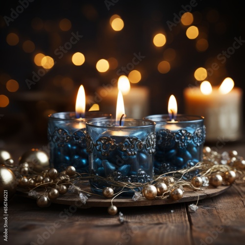 Blue Christmas candles and decorations, generative ai
