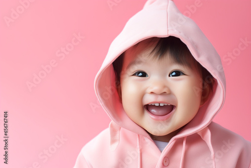 Portrait of happy asian baby in color clothing on color background