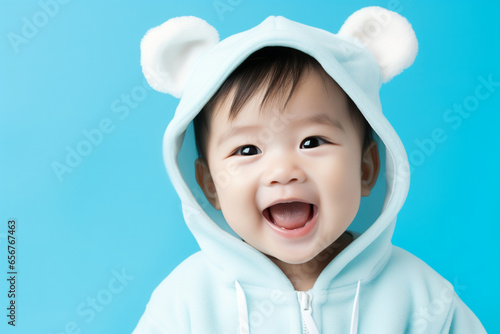 Portrait of happy asian baby in color clothing on color background