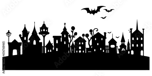 Spooky Silhouette of Haunted Halloween Town: A Monochrome Masterpiece with Bats and Ghostly Cityscape