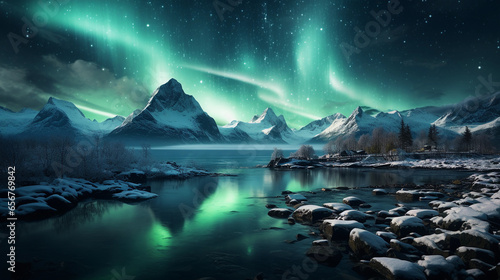 Aurora Borealis over the water and rocks