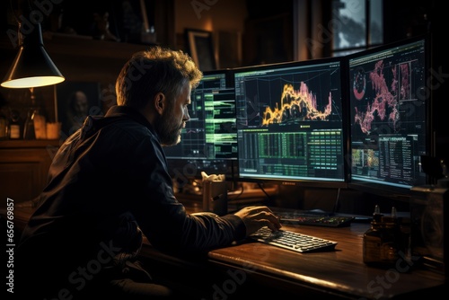 Financial analysts closely examining market data on multiple screens, searching for signs of recovery or further downturns in the banking sector during a financial crisis