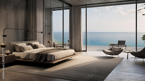 A modern hotel room in a hotel with sleek gray loft-style walls and large windows overlooking the sea. © Tanuha