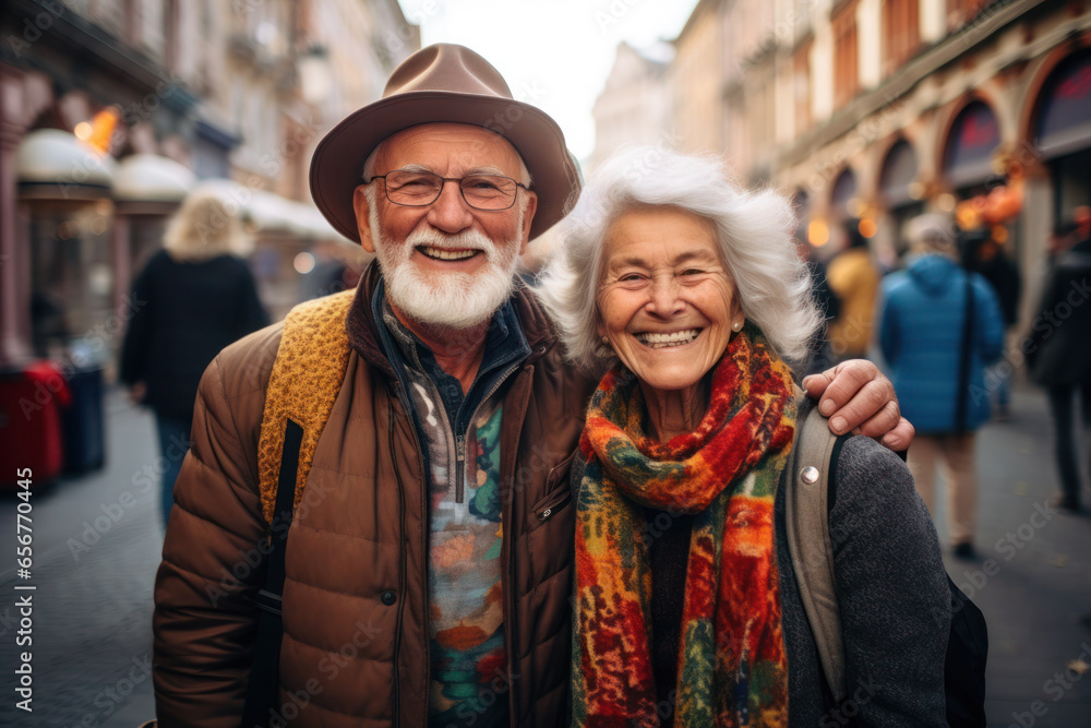 Portrait of a happy couple of mature senior tourists