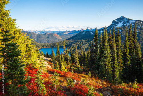 Fall on the trail around Naches Peak in Washington with a veiw of Dewey Lake photo