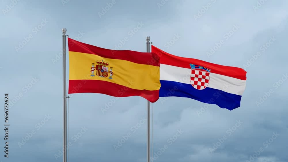 Croatia and Spain flag waving together on cloudy sky, endless seamless loop, two country cooperation concept Croatia and Spain flag waving together on cloudy sky, endless seamless loop, two country cooperation concept