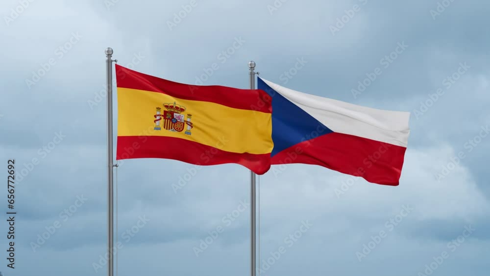 Czech Republic flag and Spain flag waving together on cloudy sky, endless seamless loop, two country relations concept Czech Republic flag and Spain flag waving together on cloudy sky, endless seamless loop, two country relations concept