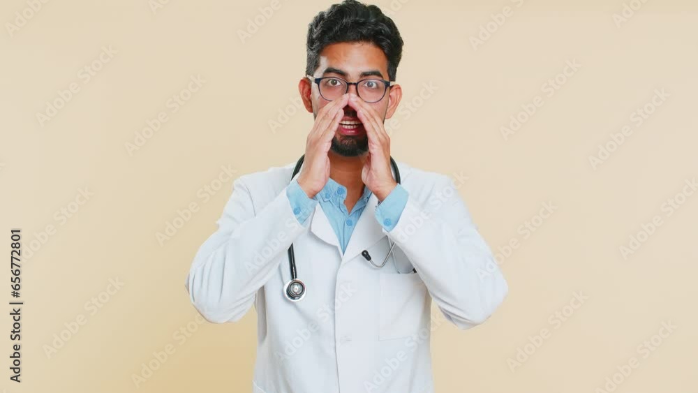Keep my secrets, silence. Indian doctor cardiologist man whisper news rumors holding hands near mouth, share gossip, quiet. Arabian guy telling interesting confidential information on beige background Keep my secrets, silence. Indian doctor cardiologist man whisper news rumors holding hands near mouth, share gossip, quiet. Arabian guy telling interesting confidential information on beige background