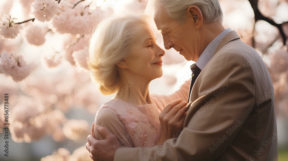 Elderly couple sharing a moment under cherry blossom trees in full bloom, framed in soft pastels. Beautiful old-age life concept. generative AI