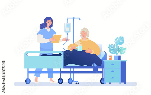 Medical care and health plan for elderly people Concept. Female patient on medical bed receiving IV and medication in the care of nurse. Vector flat cartoon illustration.