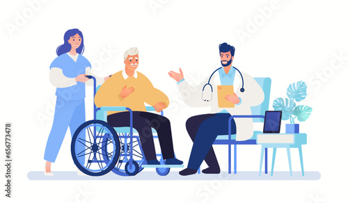 Medical care and health plan for elderly people Concept. Male patient on wheelchair in the care of doctor and nurse. Vector flat cartoon illustration.