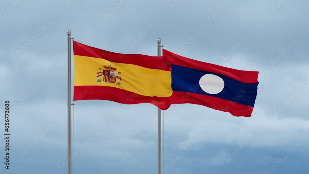 Laos flag and Spain flag waving together on cloudy sky, endless seamless loop, two country relations concept Laos flag and Spain flag waving together on cloudy sky, endless seamless loop, two country relations concept