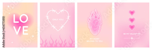 Valentine’s day y2k aesthetic card set with heart shape. Abstract gradient vibrant colorful background. Vector illustration for greeting card, fashion, commercial, poster, banner.