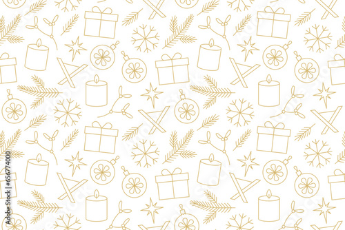 golden seamless christmas pattern with present, bauble, fir branches, nativity scene, star of Bethlehem, mistle toe, candle; great for wrapping, textile, wallpaper, greeting card- vector illustration
