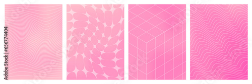 Y2k aesthetic aura gradient poster set with geometric shapes, wireframe grids. Soft pink color. Trendy 90s, 2000s nostalgia. Modern vector illustration background.