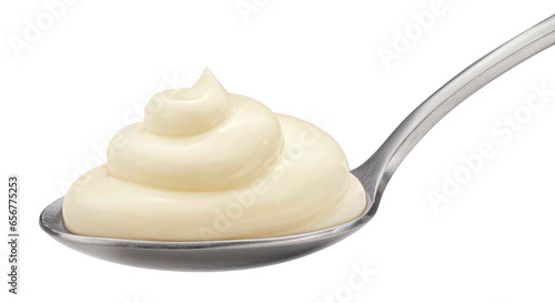 Spoon of mayonnaise isolated on white background, full depth of field photo