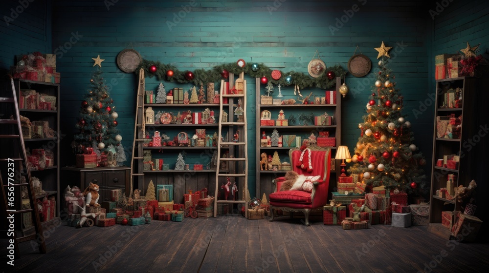 Christmas backdrop for photo studio, room with christmas tree and presents