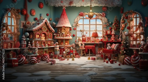 Christmas backdrop for photo studio, room with toys and snow