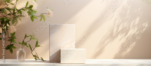Cosmetic product display with marble texture as fashion backdrop photo