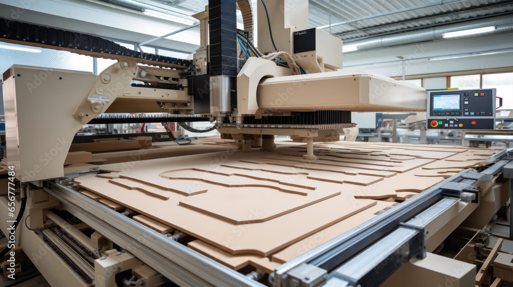 Fototapeta premium Workshop for the production of particle boards, manufacture of chipboard, veneer, plywood, wood panels. Wood processing. Woodworking industry concept