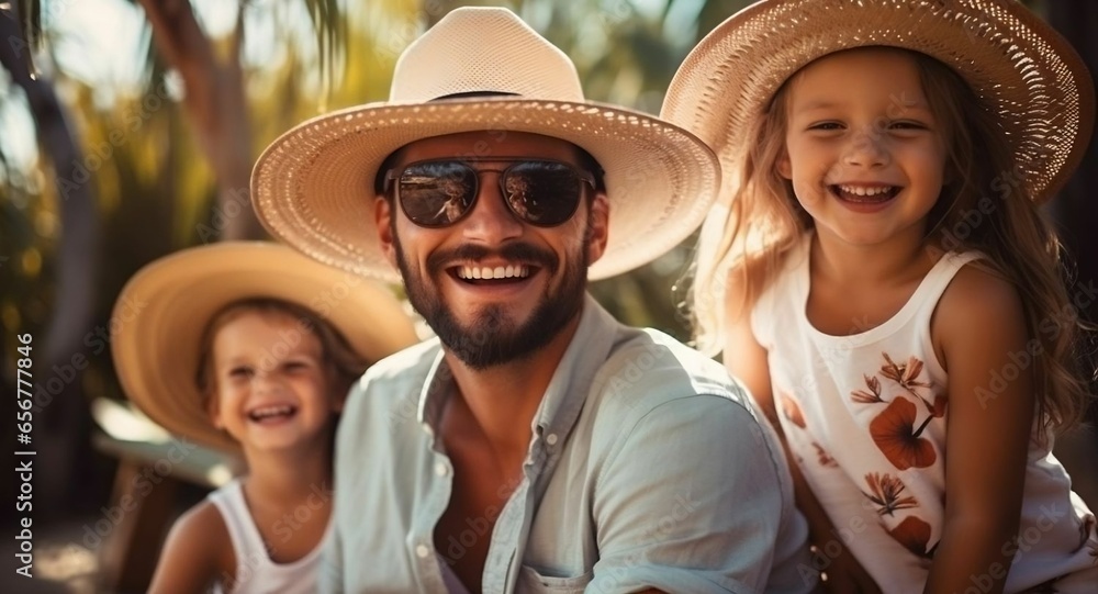 Father and two children happily enjoying summer holiday
