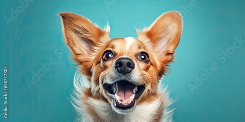 Dog portrait with copy space on blue background 