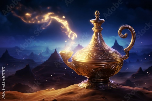 Aladdin's lamp. Fairy tale or legend concept. Background with selective focus and copy space