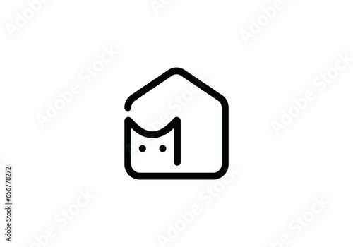 home and cat logo design. pet care white linear style concept element symbol vector illustration.