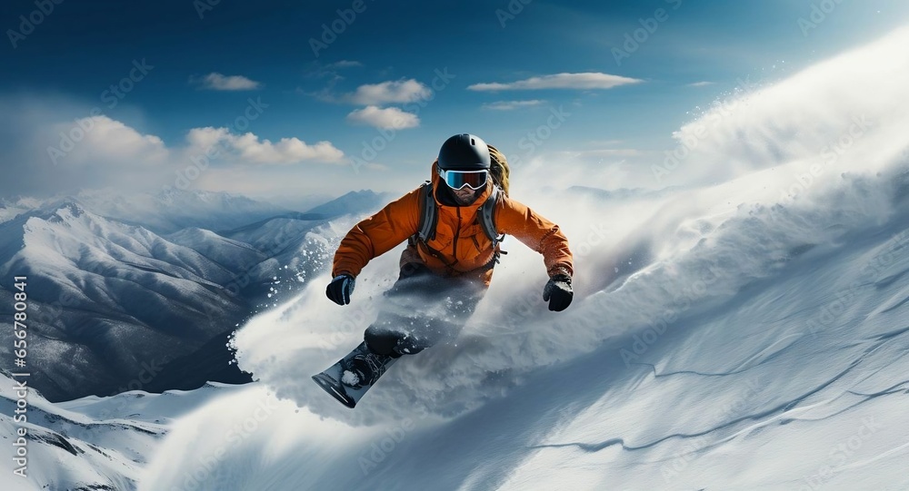 Snowboarder at jump inhigh mountains at sunny day
