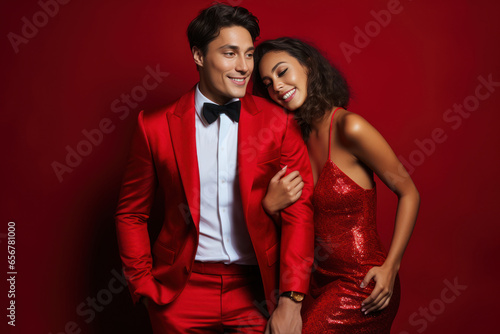 The couple in glamorous New Year's Eve attire, ready to celebrate the arrival of the new year in style on the solid red background. Generative AI