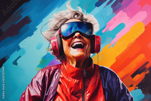 smiling/laughing elderly woman/grandma wearing futuristic sci-fi technology virtual reality glasses/goggles with colorful abstract background textured pencil hand drawn color block sketch illustration