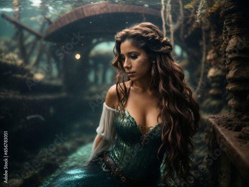 mermaid sitting at the bottom of the sea with a sunken ship