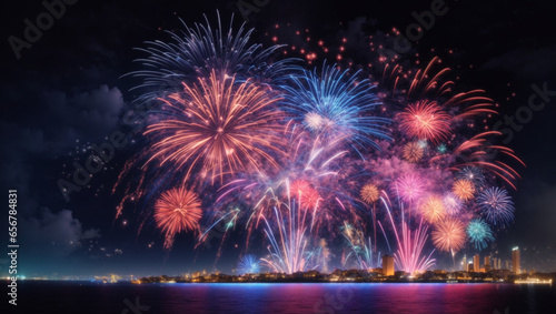 Fotografie, Tablou Fuochi d'artificio sul lago di sera per la festa del paese
