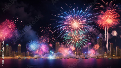 Fuochi d'artificio sul lago di sera per la festa del paese © Alfons Photographer
