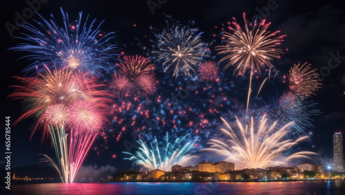 Fuochi d'artificio sul lago di sera per la festa del paese photo