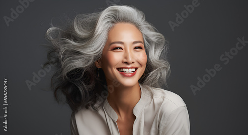 Beautiful aging and mature Asian woman with flawless skin. Flowing grey hair. Healthy smile photo