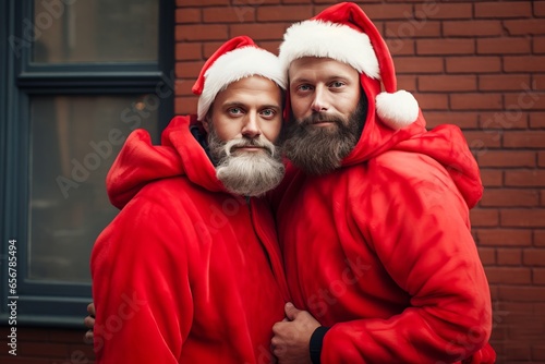 couple homosexuel ou d'amis déguisés en Père Noël, s'enlaçant dans la rue. photo